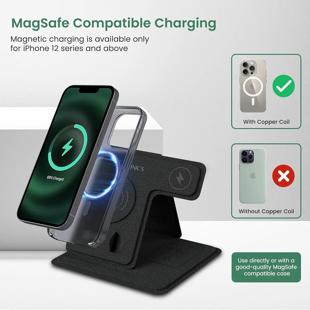 Portronics Freedom Fold 3 15W 3 in 1 Foldable MagSafe Compatible Wireless Charger for iPhone 12 & Above Series, Apple Watches & AirPods with Premium PU Leather, 1M Type C Charging Cable(Black)