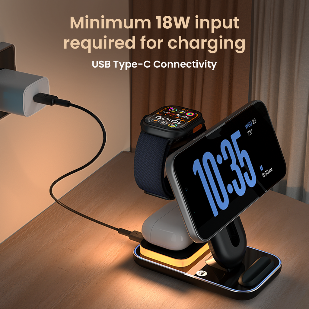PORTRONICS TriCharge Ultra
3-in-1 Phone, Watch & Earbuds Charging | 15W Qi certified Fast Charging| Case-Friendly & Type-C Powered | Touch-Control 3-Mode LED Night Light | Advanced Multi-layer protection|Black