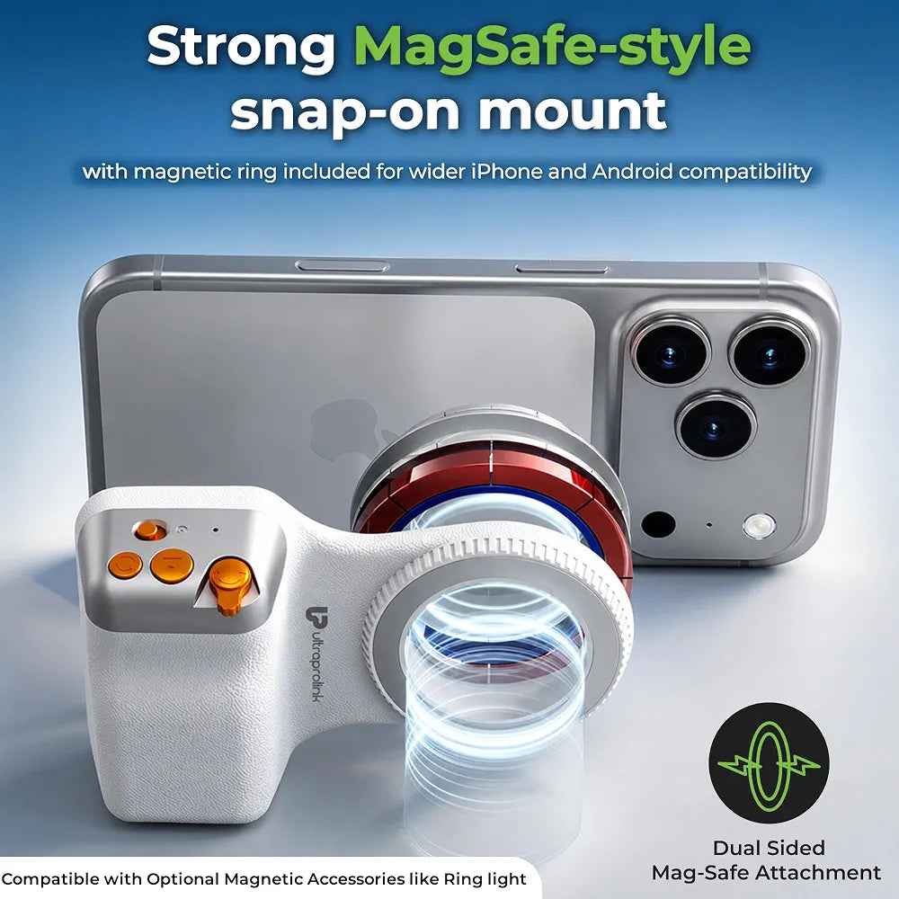 UltraProlink Snap-Z Grip|Magnetic Phone Camera Grip with Detachable Bluetooth Shutter & Zoom Control | MagSafe Compatible DSLR-Style Grip for iPhone & Android|Remote Selfie Shutter|UM1273|Wht