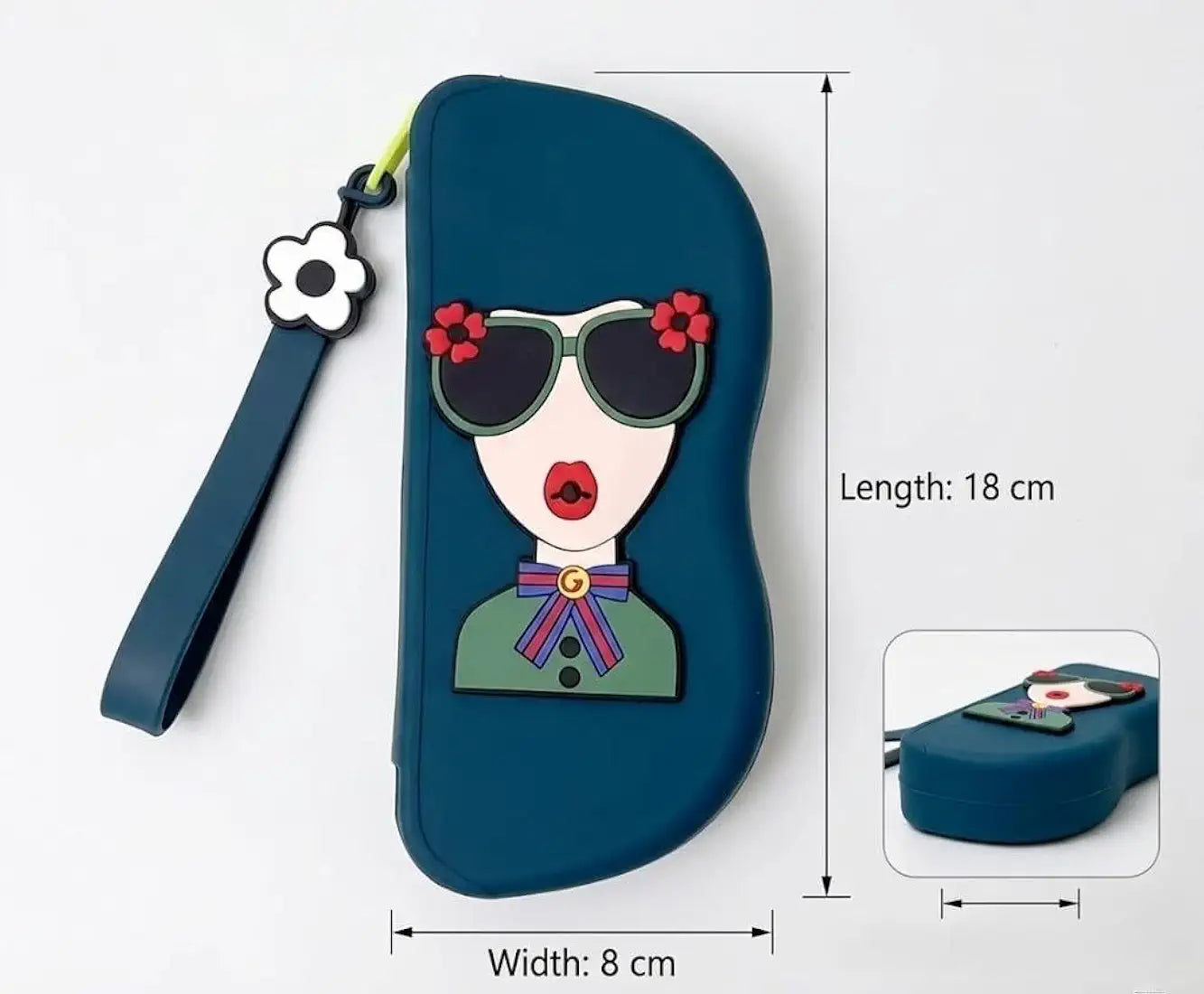 Cute 3D Quirky Girl Silicone Sunglass Case with Wrist Strap & Charm