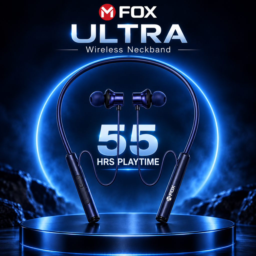 M FOX Ultra Wireless Neckband with 55 Hours Playtime & Magnetic Earbuds – Blue