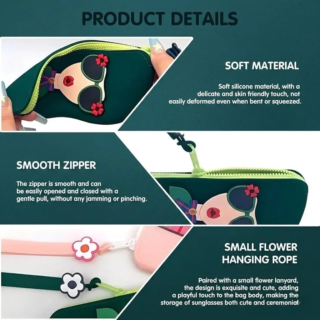Cute 3D Quirky Girl Silicone Sunglass Case with Wrist Strap & Charm