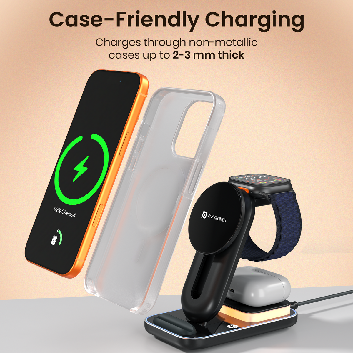 PORTRONICS TriCharge Ultra
3-in-1 Phone, Watch & Earbuds Charging | 15W Qi certified Fast Charging| Case-Friendly & Type-C Powered | Touch-Control 3-Mode LED Night Light | Advanced Multi-layer protection|Black