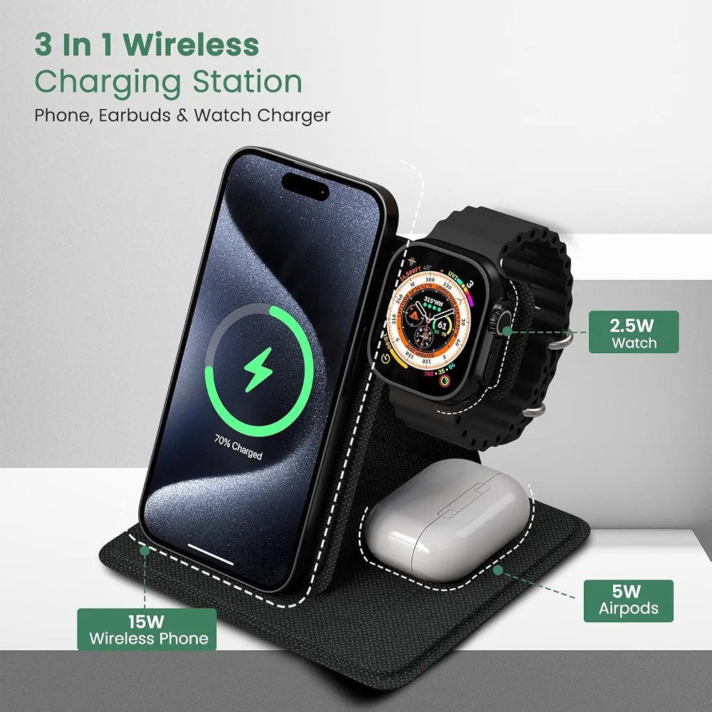 Portronics Freedom Fold 3 15W 3 in 1 Foldable MagSafe Compatible Wireless Charger for iPhone 12 & Above Series, Apple Watches & AirPods with Premium PU Leather, 1M Type C Charging Cable(Black)
