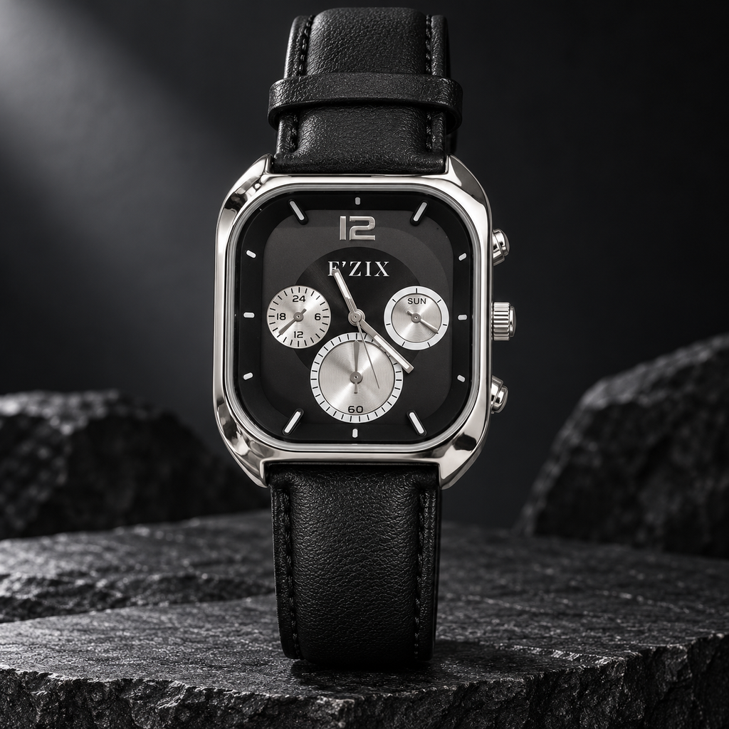 FIZIX Premium Square Dial Analog Watch with Leather Strap – 4 Colour Variants