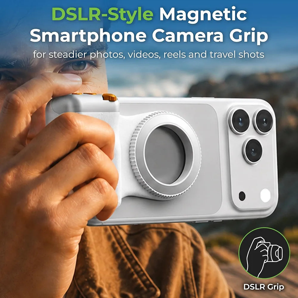 UltraProlink Snap-Z Grip|Magnetic Phone Camera Grip with Detachable Bluetooth Shutter & Zoom Control | MagSafe Compatible DSLR-Style Grip for iPhone & Android|Remote Selfie Shutter|UM1273|Wht
