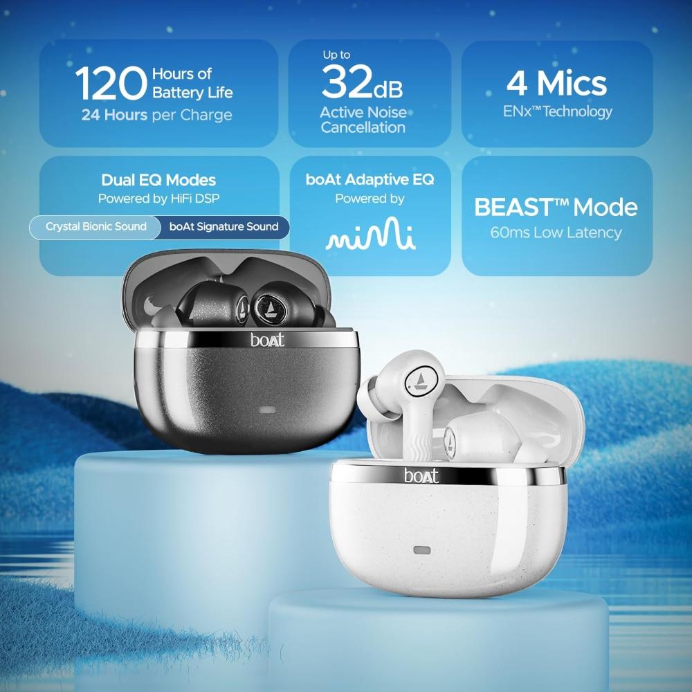 boAt Nirvana Iris Truly Wireless Earbuds, Up to 32 dB Active Noise Cancellation,120 Hrs Playback,Crystal Bionic Sound Powered by HiFi,Beast Mode,ENx Tech,Hearables App (Crystal Black)