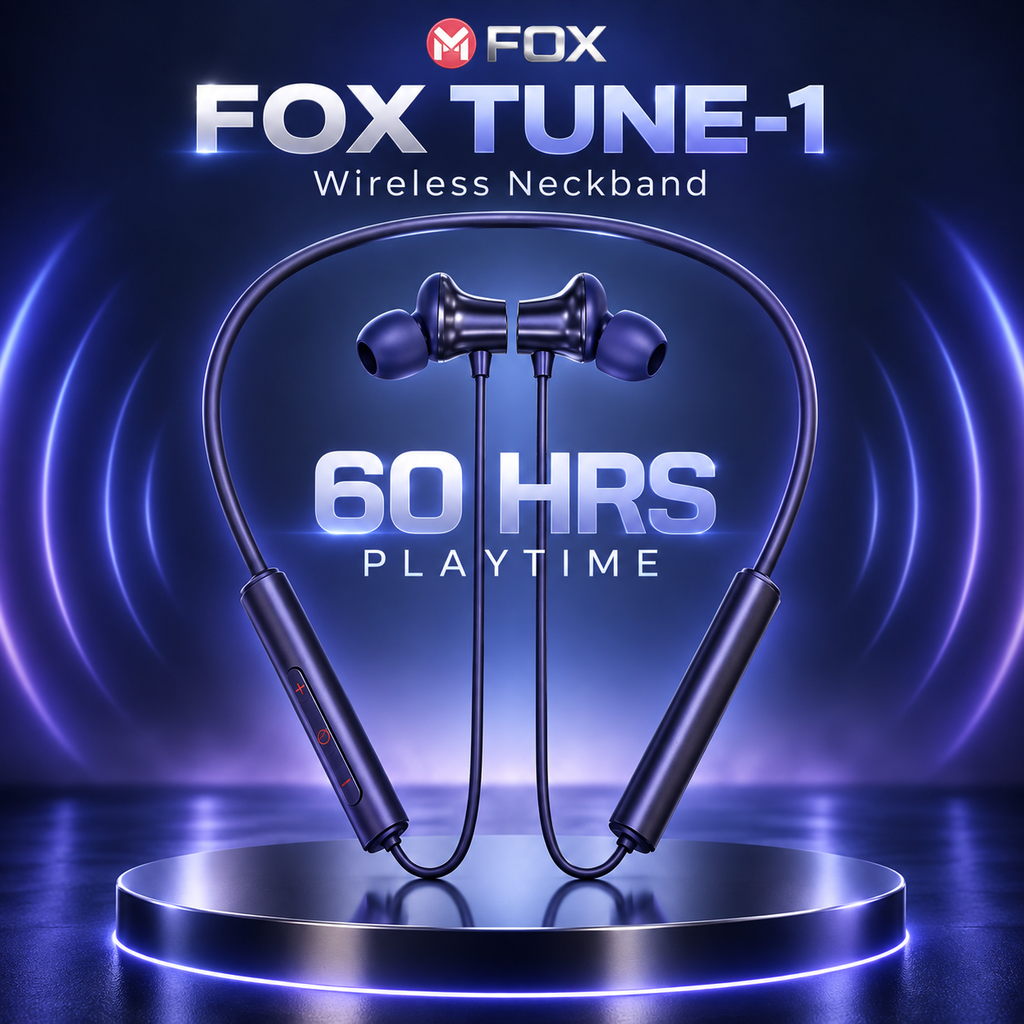 M FOX Tune-1 Wireless Neckband with 60 Hours Playtime & Magnetic Earbuds – Blue
