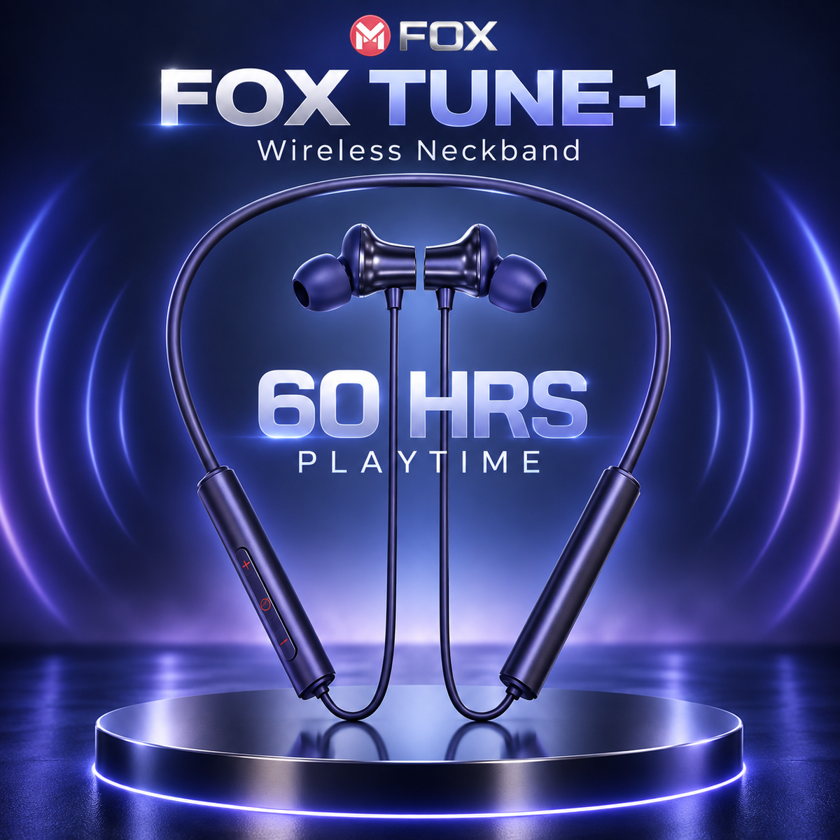 M FOX Tune-1 Wireless Neckband with 60 Hours Playtime & Magnetic Earbuds – Blue