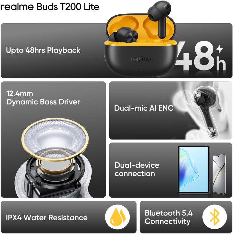 realme Buds T200 Lite Bluetooth in Ear Earbuds,4 Mic, AI ENC for Calls