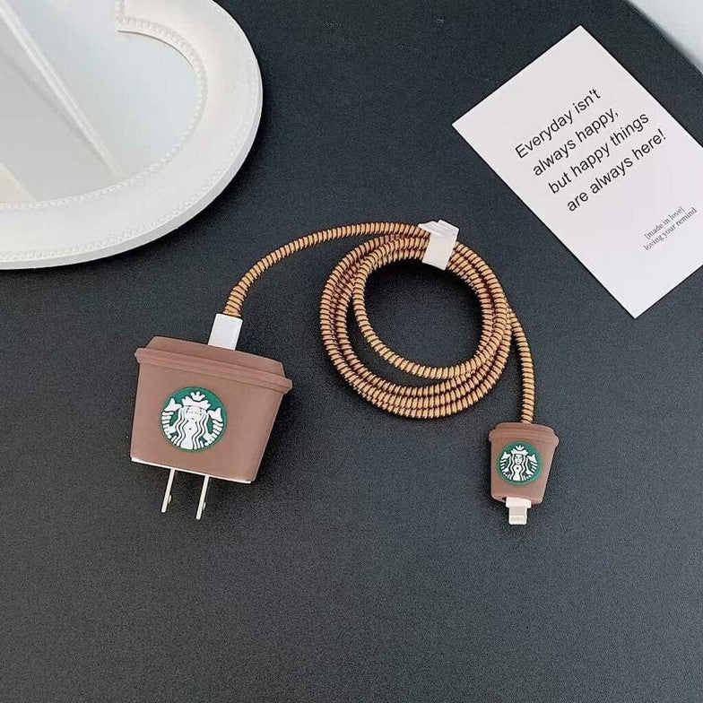Starbucks Style iPhone Charger Cable Protective Cover 18w/20w case (coffee white)
