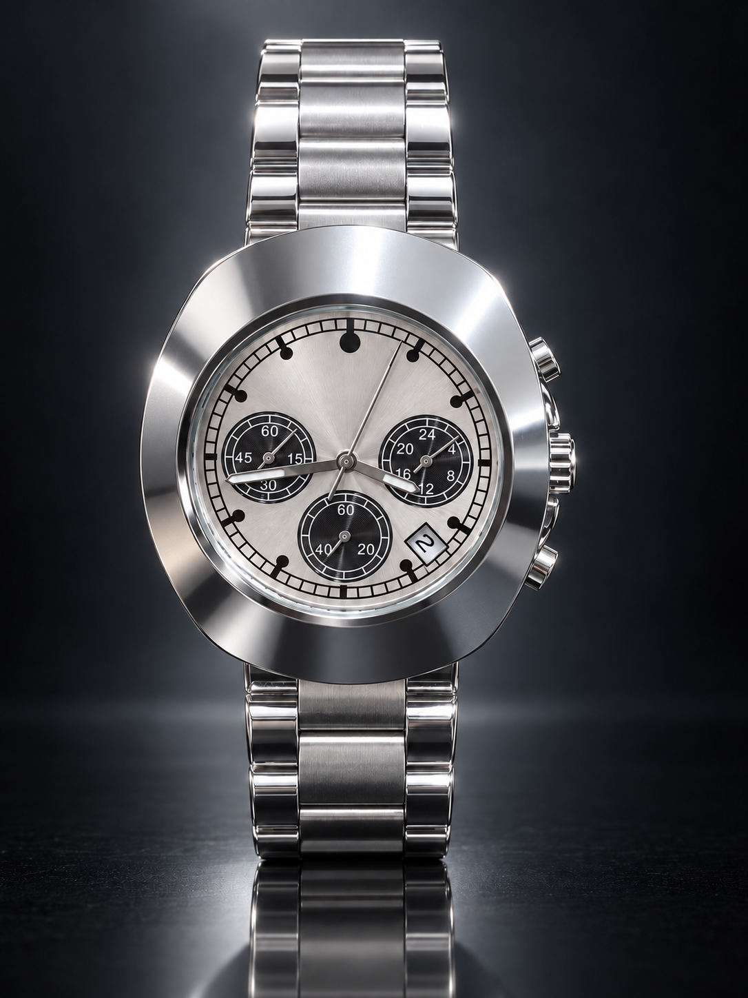 Silver-Tone Analog Watch with Wide Smooth Case and Metal Link Bracelet