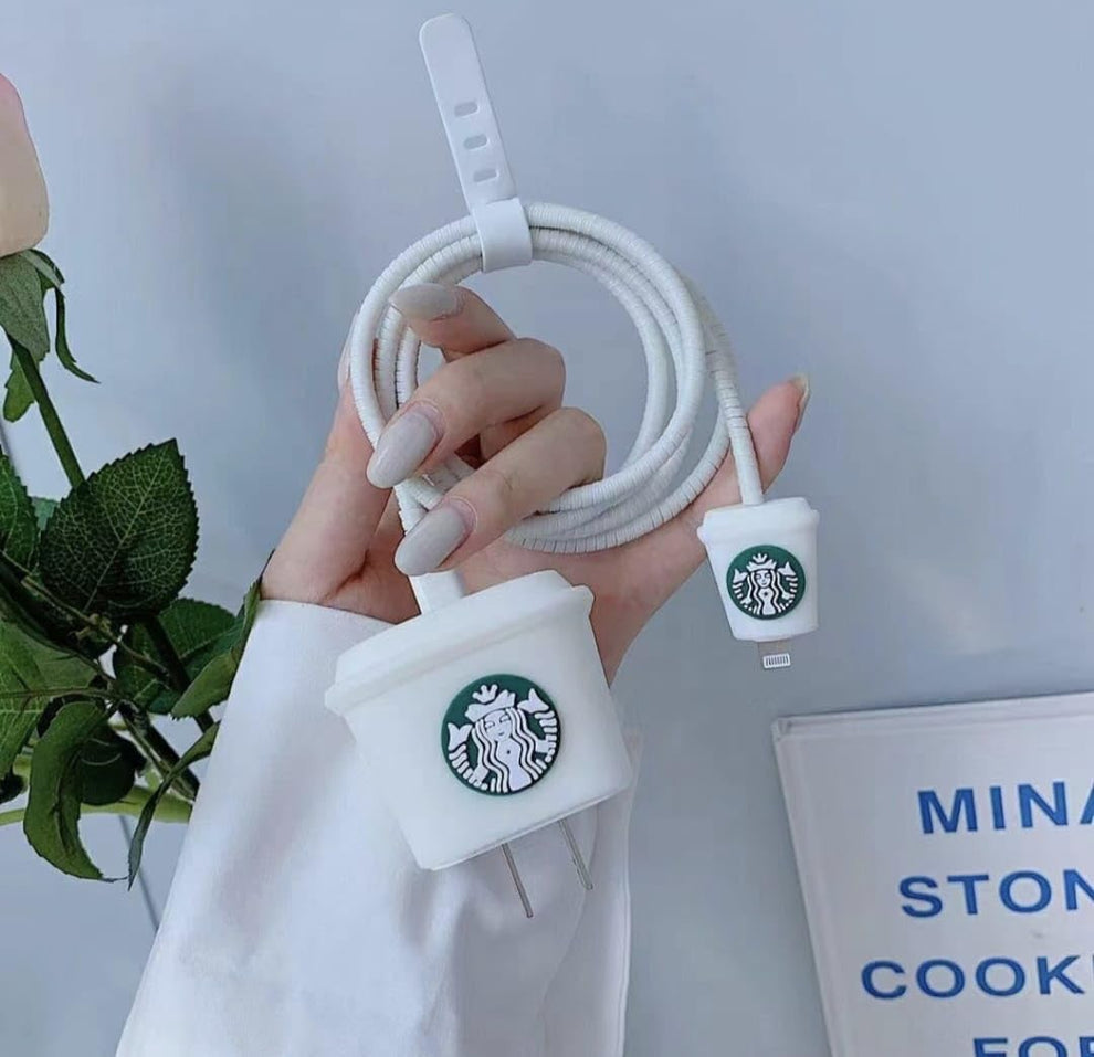 Starbucks Style iPhone Charger Cable Protective Cover 18w/20w case (coffee white)