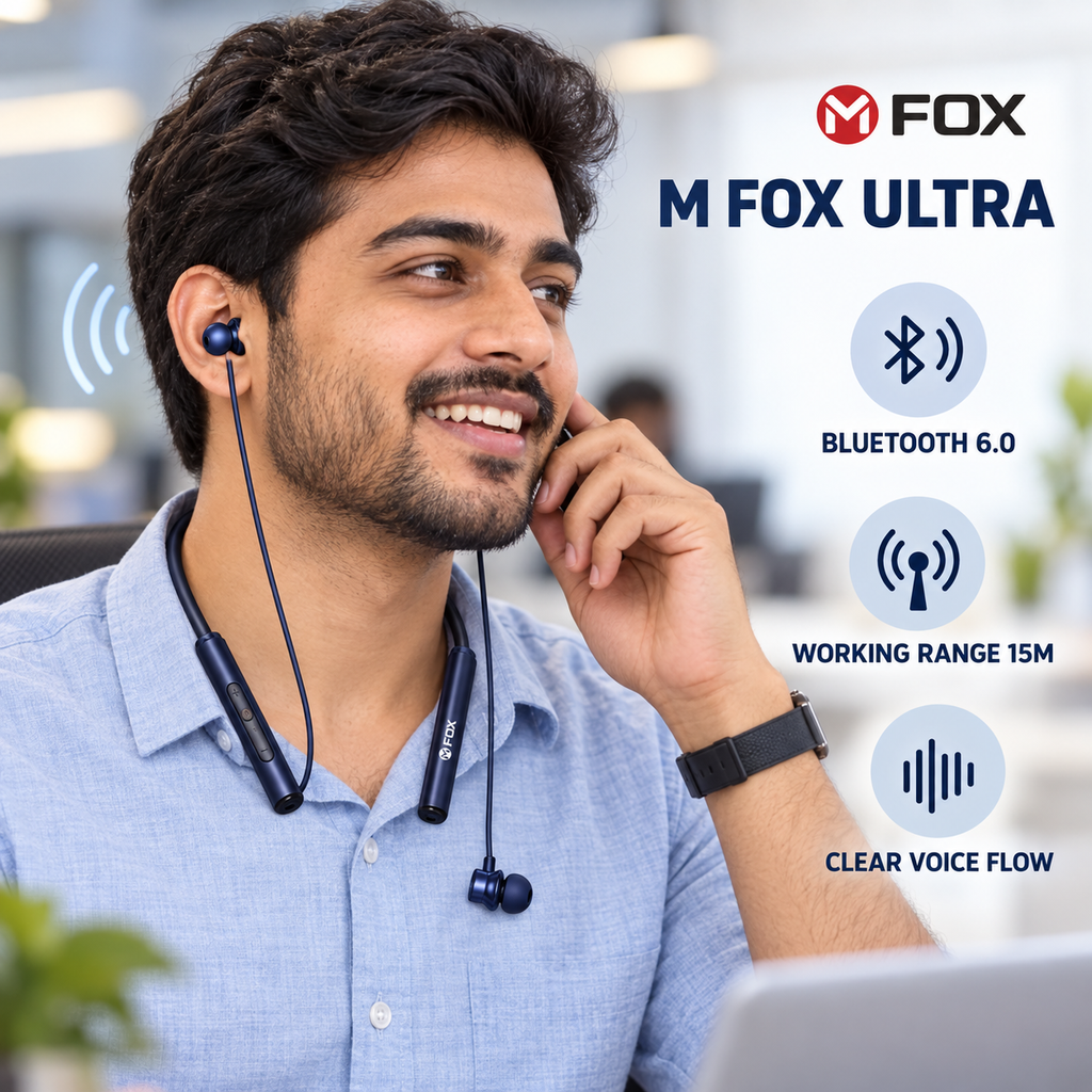 M FOX Ultra Wireless Neckband with 55 Hours Playtime & Magnetic Earbuds – Blue