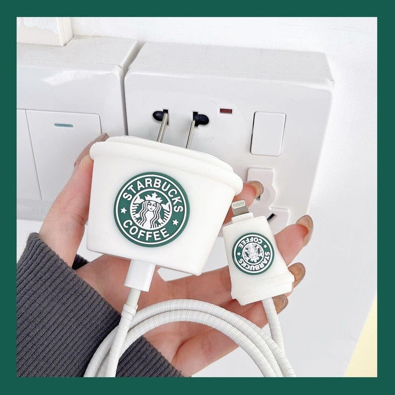 Starbucks Style iPhone Charger Cable Protective Cover 18w/20w case (coffee white)