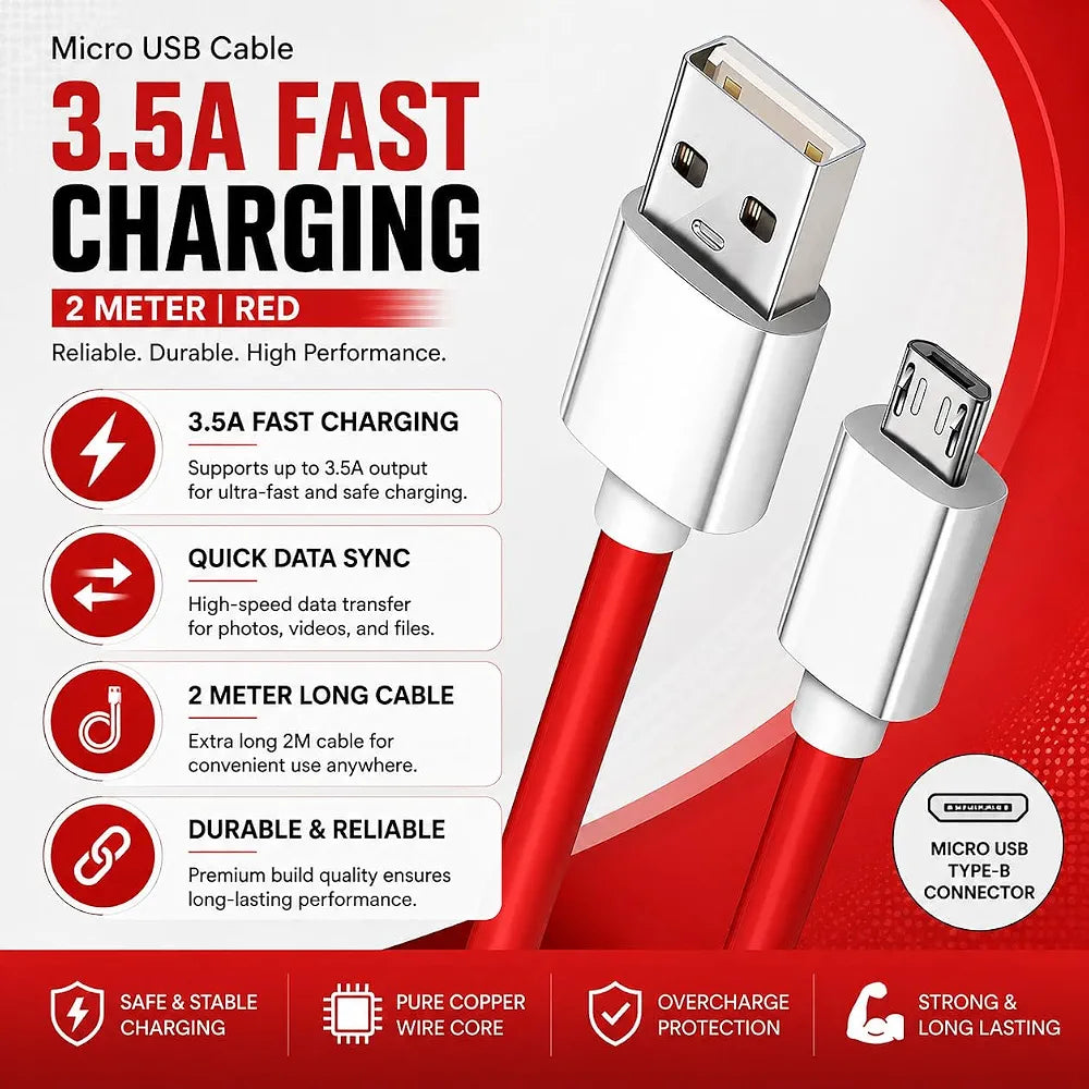 Micro USB Cable Type-B Connector 3.5A Fast Charging 2 Meter Red