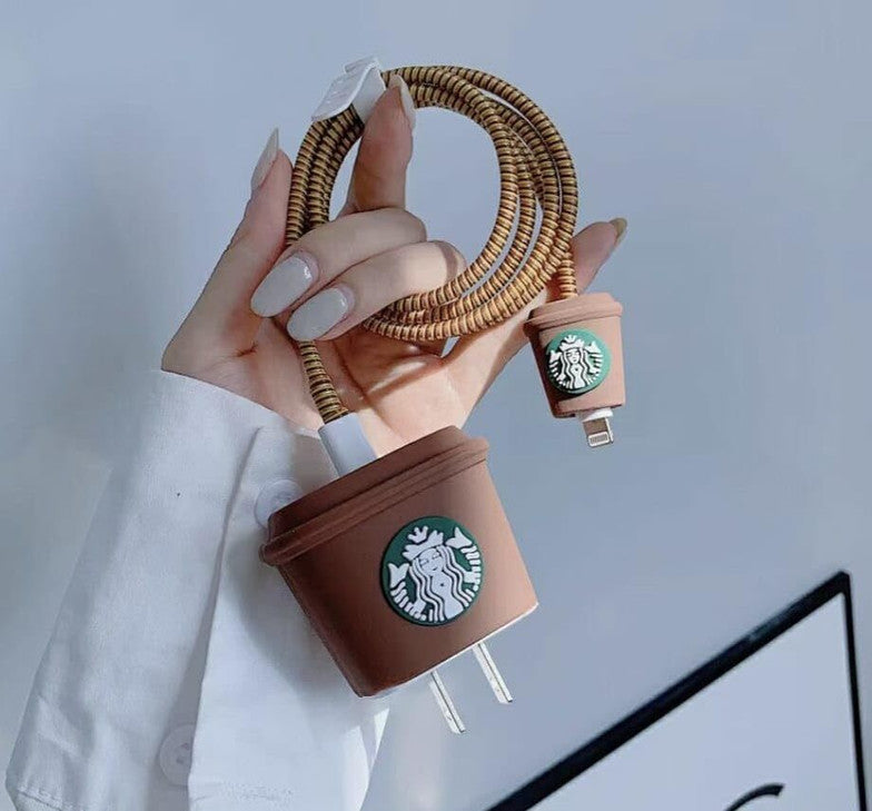 Starbucks Style iPhone Charger Cable Protective Cover 18w/20w case (coffee white)