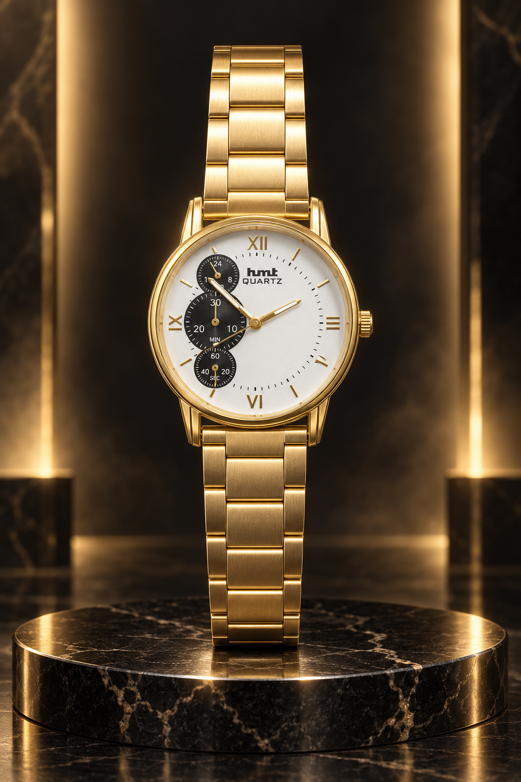 HMT Quartz Men’s Gold-Tone Analog Watch with White Dial and Metal Bracelet