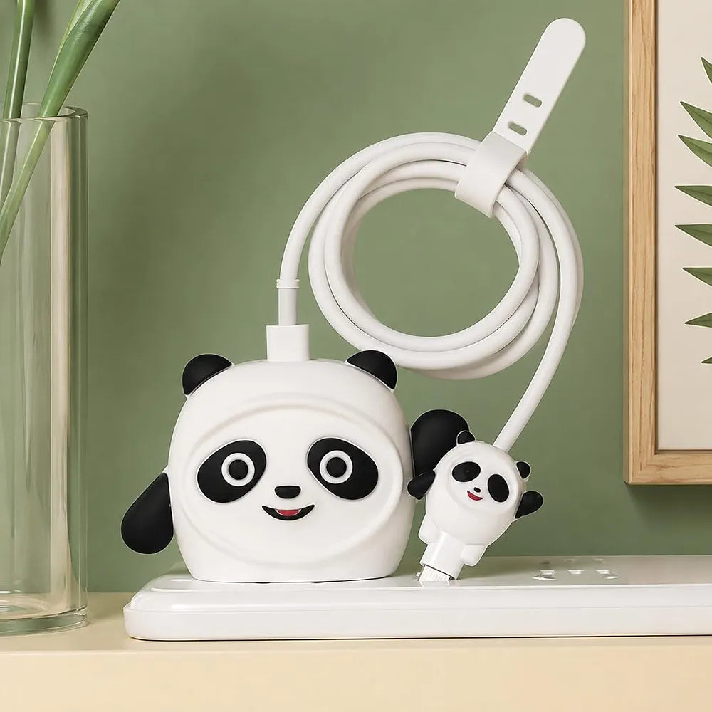 Cute Panda Cartoon Charger Cover Compatible with iPhone 18W/20W Charger, Silicone Protective Case with Cable Protector White