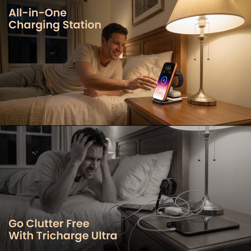 PORTRONICS TriCharge Ultra
3-in-1 Phone, Watch & Earbuds Charging | 15W Qi certified Fast Charging| Case-Friendly & Type-C Powered | Touch-Control 3-Mode LED Night Light | Advanced Multi-layer protection|Black