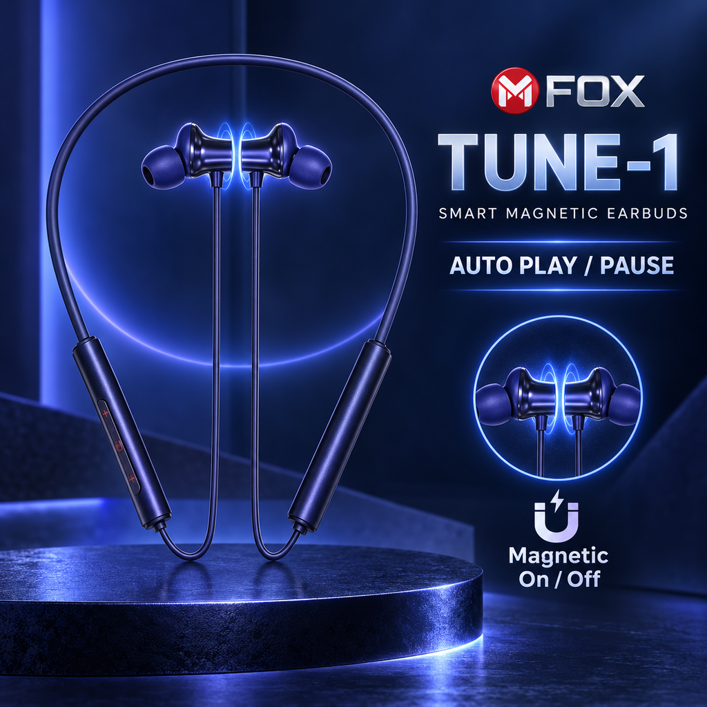M FOX Tune-1 Wireless Neckband with 60 Hours Playtime & Magnetic Earbuds – Blue