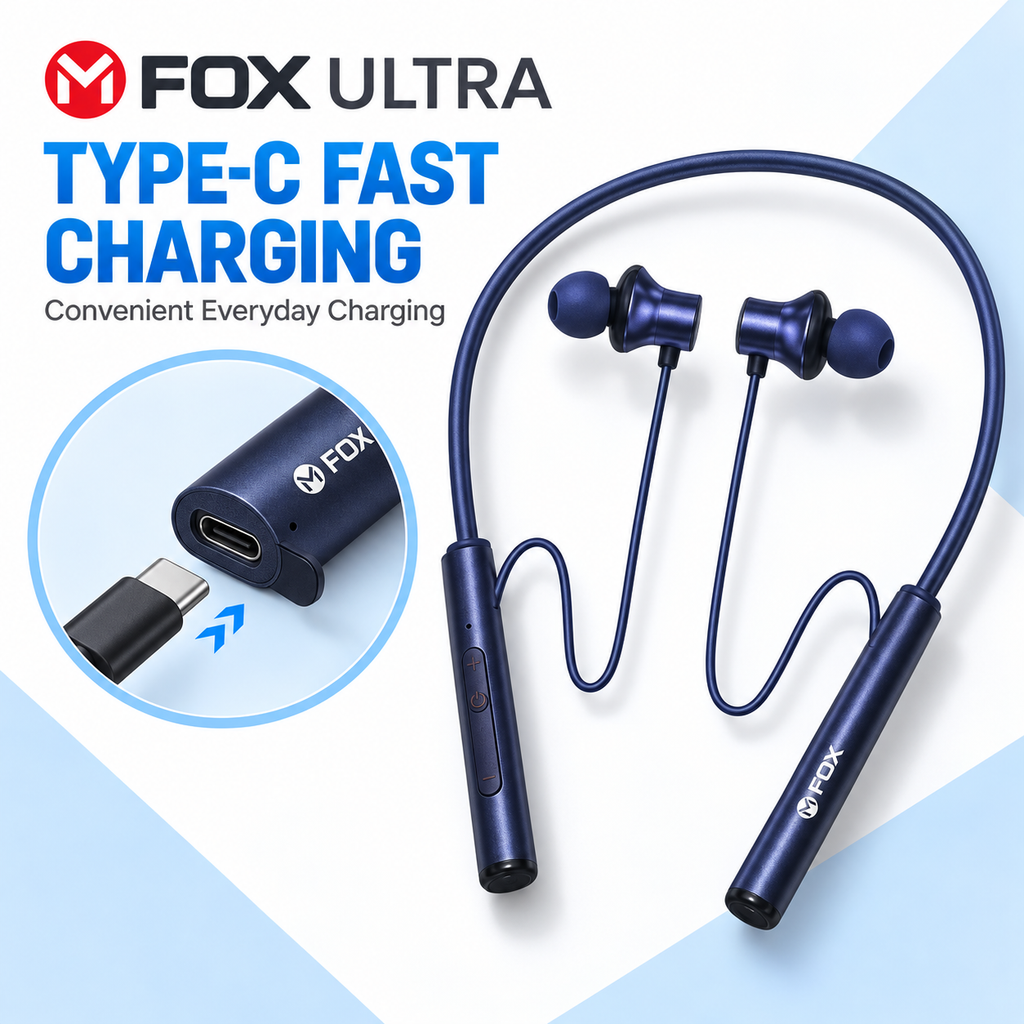 M FOX Ultra Wireless Neckband with 55 Hours Playtime & Magnetic Earbuds – Blue