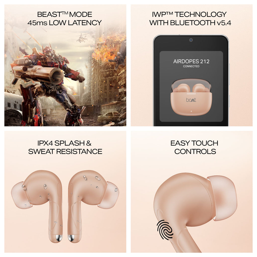 boAt Airdopes 212 True Wireless Earbuds – 50H Playback, ENx™ Dual Mics, 45ms BEAST™ Mode, 10mm Drivers, Bluetooth 5.4